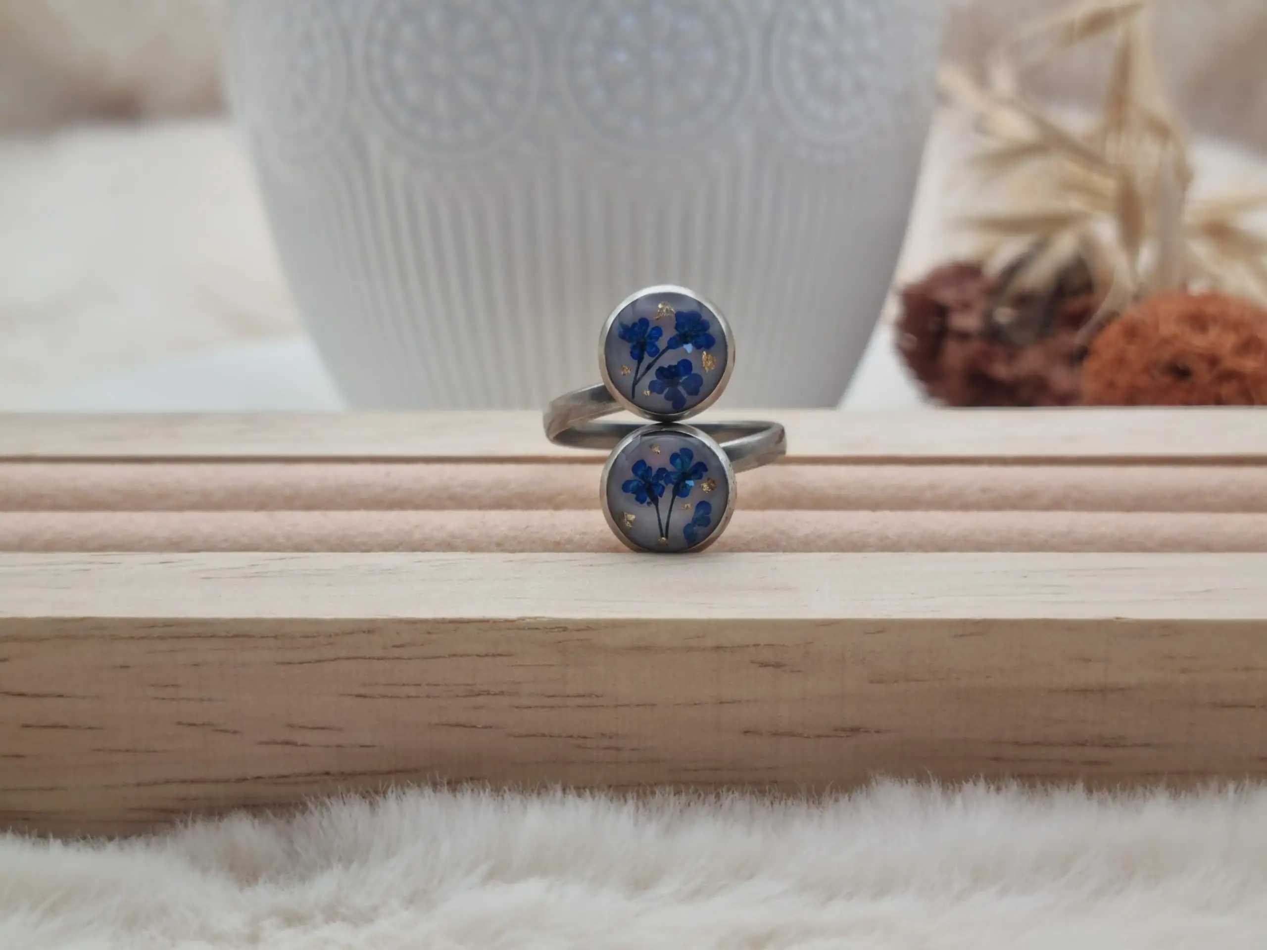 ✨ Bague Deux Cabochons, Réglable en Résine et Acier – Élégance Unique pour Vos Mains ! ✨