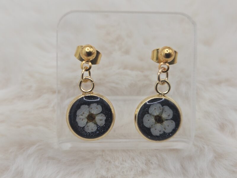 🌼 Petites Boucles d’Oreilles Pendantes Cabochons 10 mm \ Acier Doré – Spirées Séchées & Fond Noir