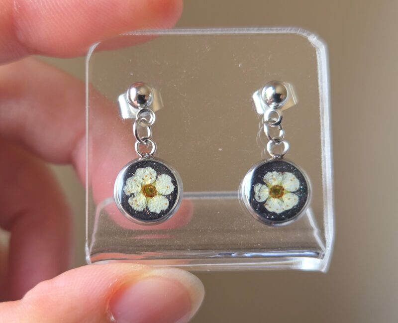 🌼 Petites Boucles d’Oreilles Pendantes Cabochons 8 mm – Spirées Séchées & Fond Noir