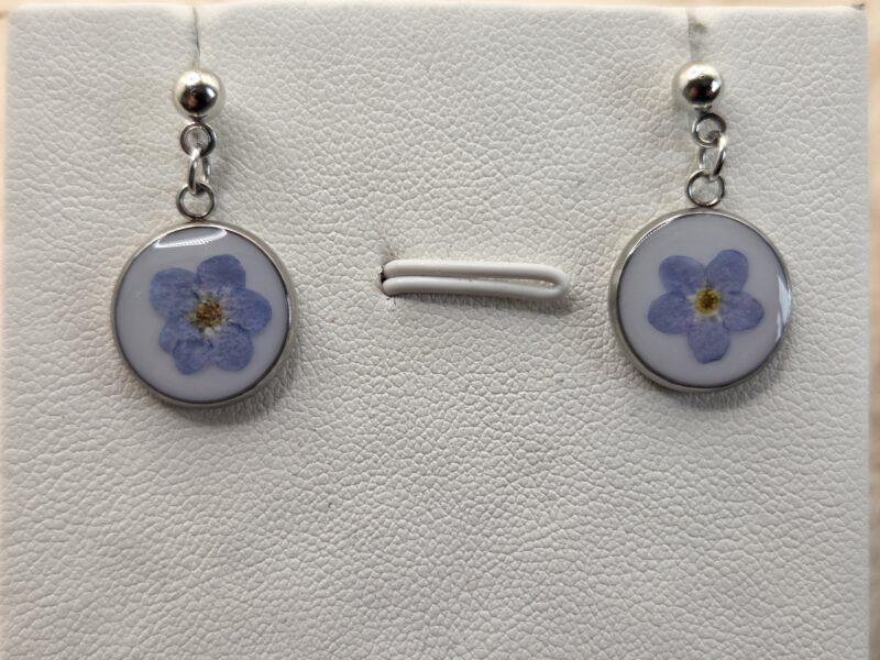 💙🌼 Petites Boucles d’Oreilles Pendantes – Myosotis Séchés & Fond Blanc – Image 3
