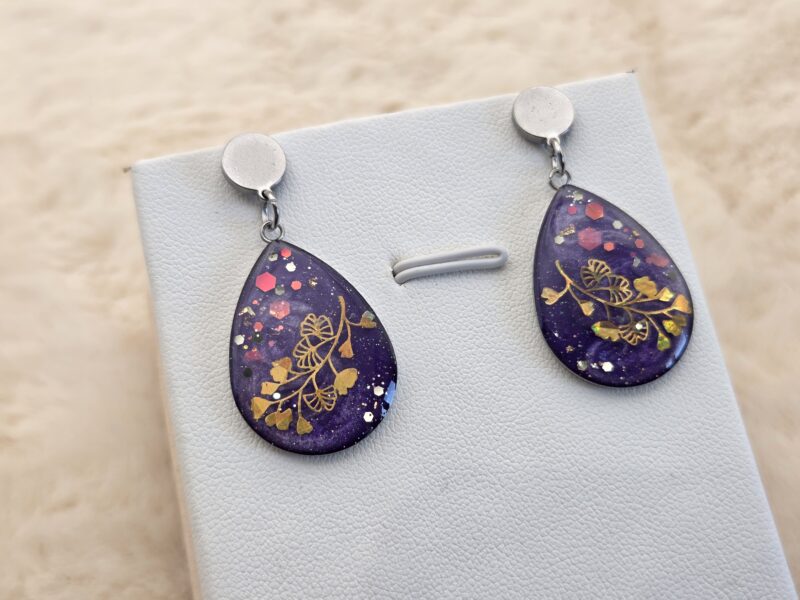 ✨ Boucles d’oreilles pendantes “Branche de Ginkgo” 🍃💜 – Image 4