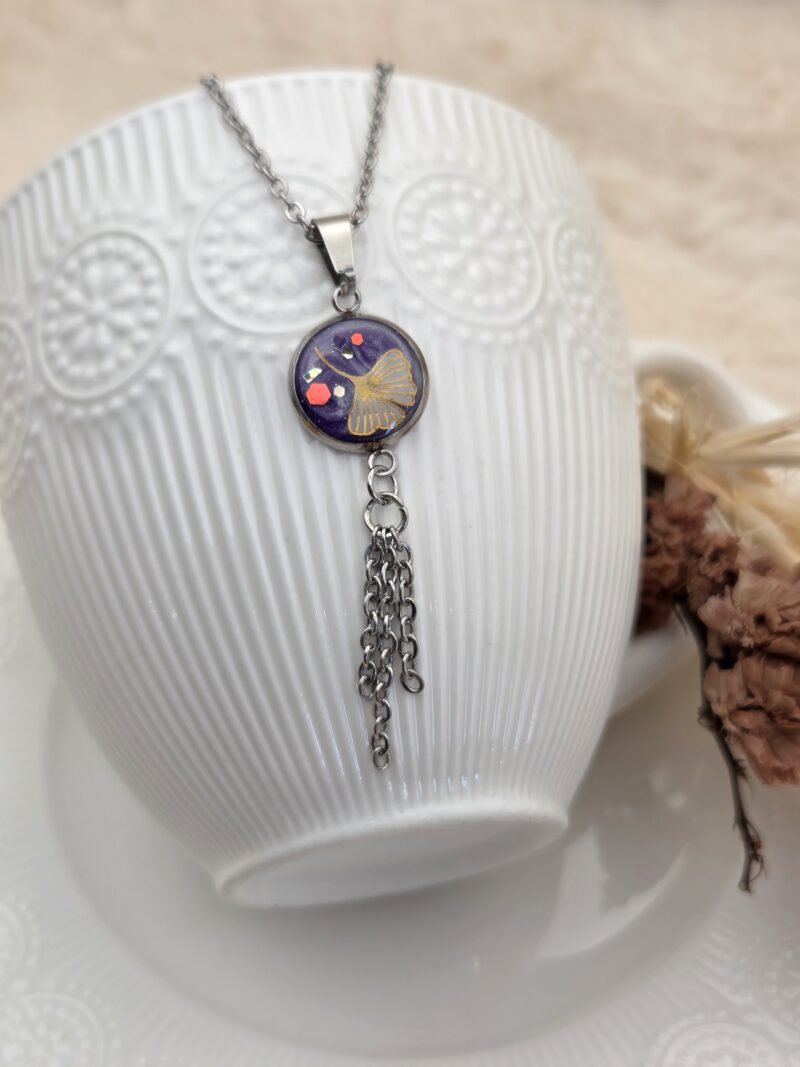 💜 Pendentif Cabochon Violet & Feuille de Ginkgo ✨ – Image 2