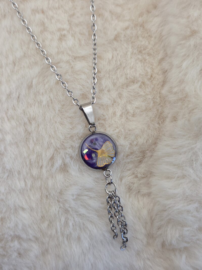 💜 Pendentif Cabochon Violet & Feuille de Ginkgo ✨ – Image 3