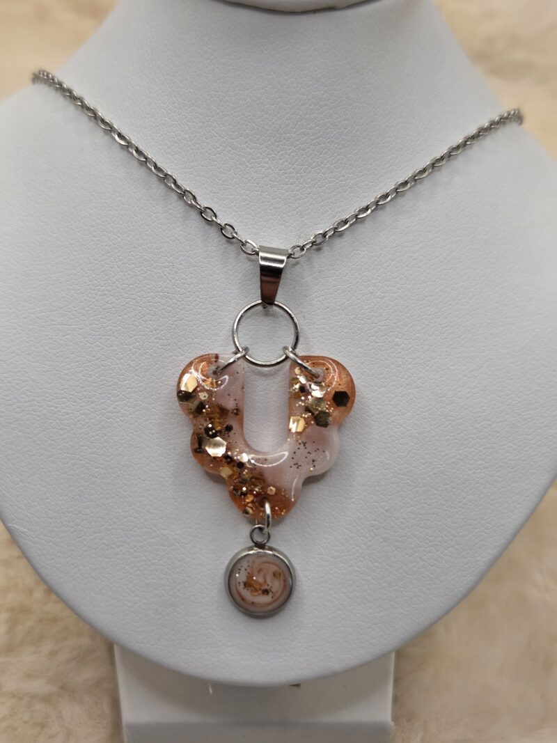 🌟 Pendentif Articulé en Acier - Blanc Nacré et Bronze aux Paillettes Dorées ✨ – Image 2