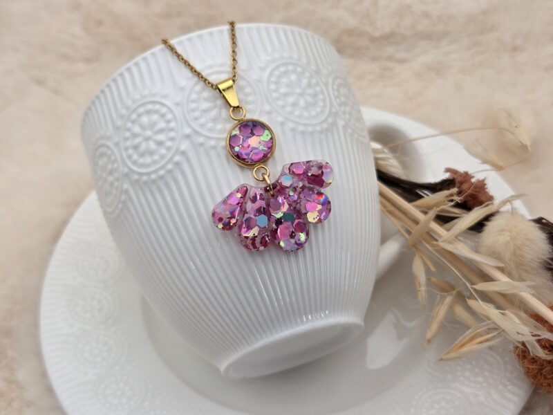 ✨ Pendentif Articulé en Acier Doré, Paillettes & Résine ✨