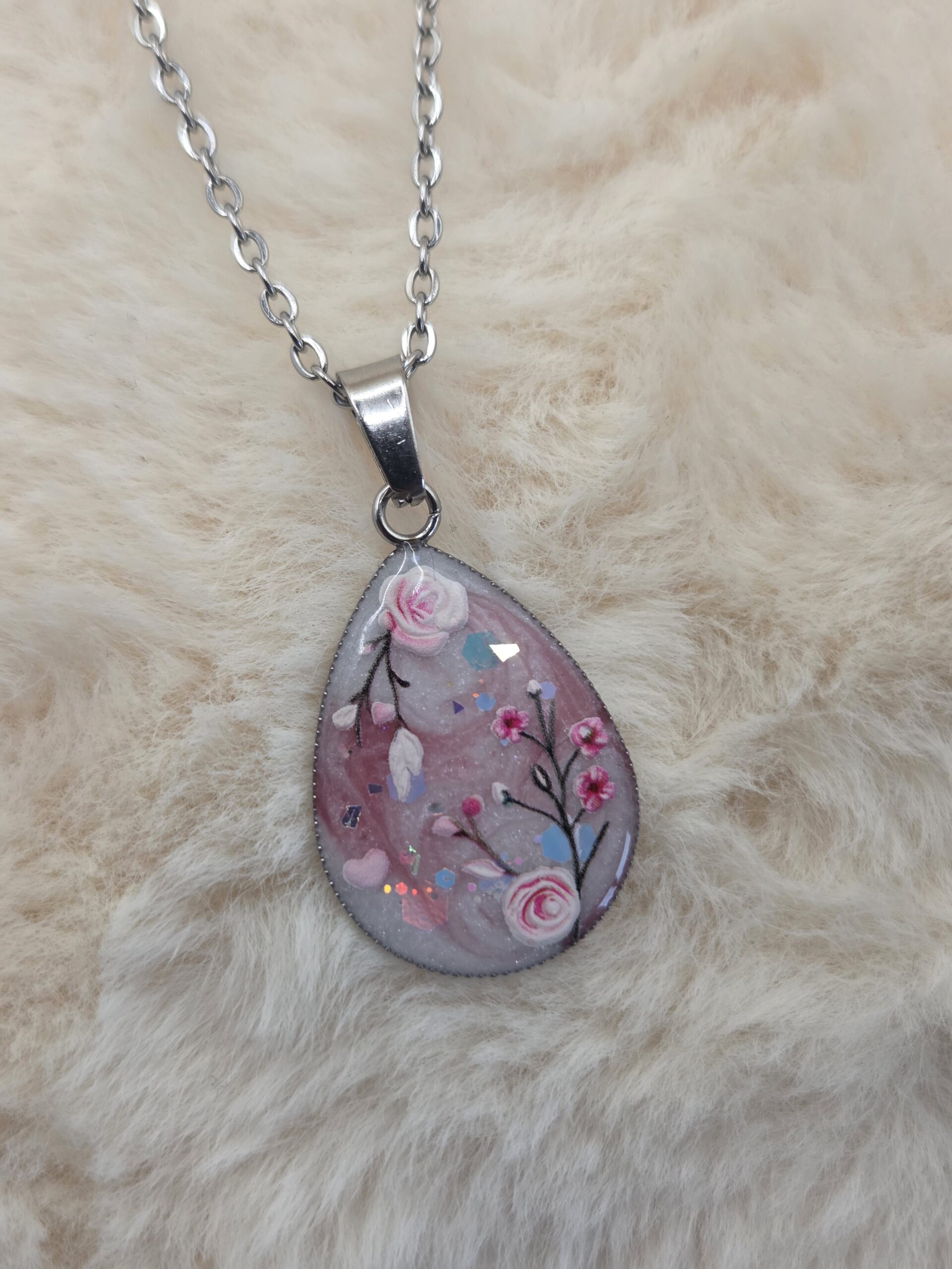 🌸✨ Pendentif cabochon – Goutte florale rose poudré & nacré – Image 2