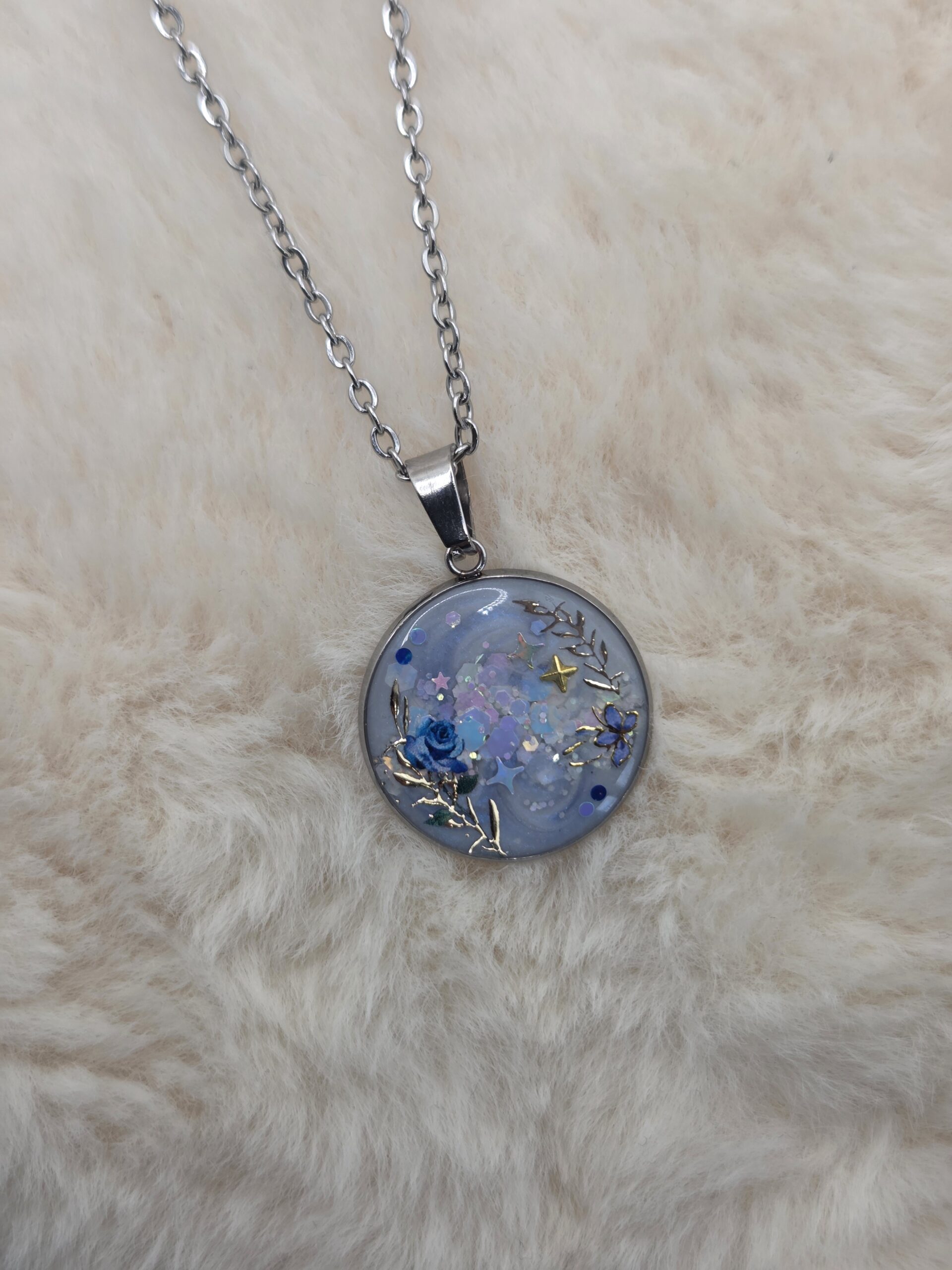đ€đ Pendentif Rond Cabochon Rose Bleue & Reflets NacrĂ©s â Image 3