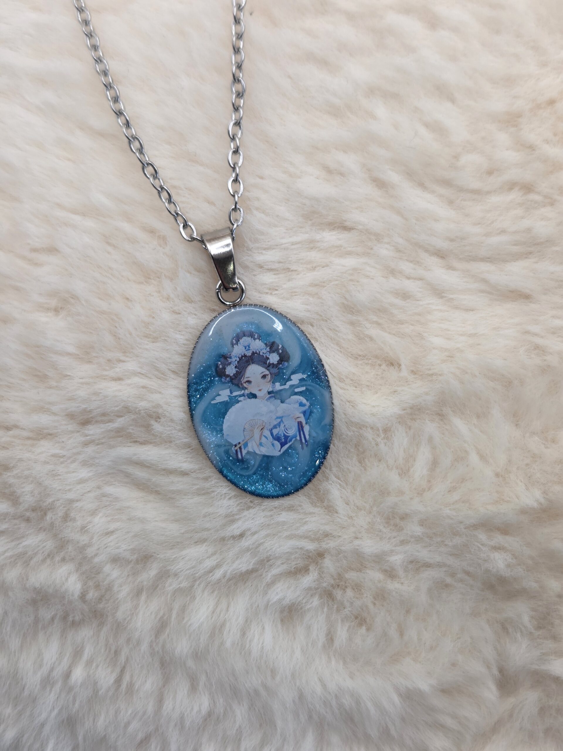 ✨ Pendentif Cabochon Ovale – Geisha Bleu Enchanté 🎎 – Image 2