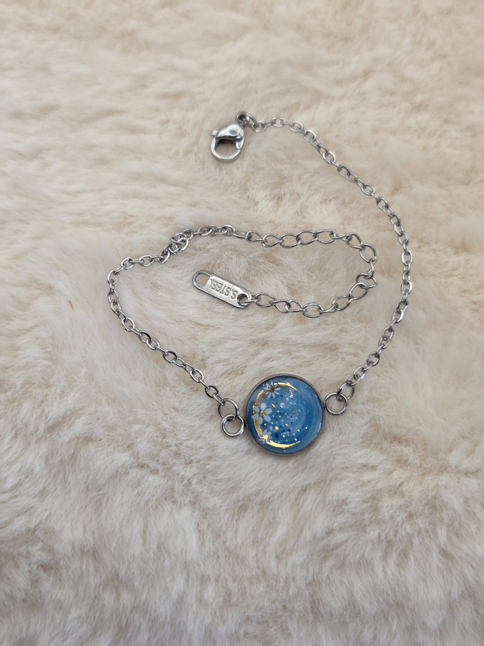 ✨ Bracelet Cabochon Rond – Lune Dorée & Bleu Céleste ✨ – Image 2