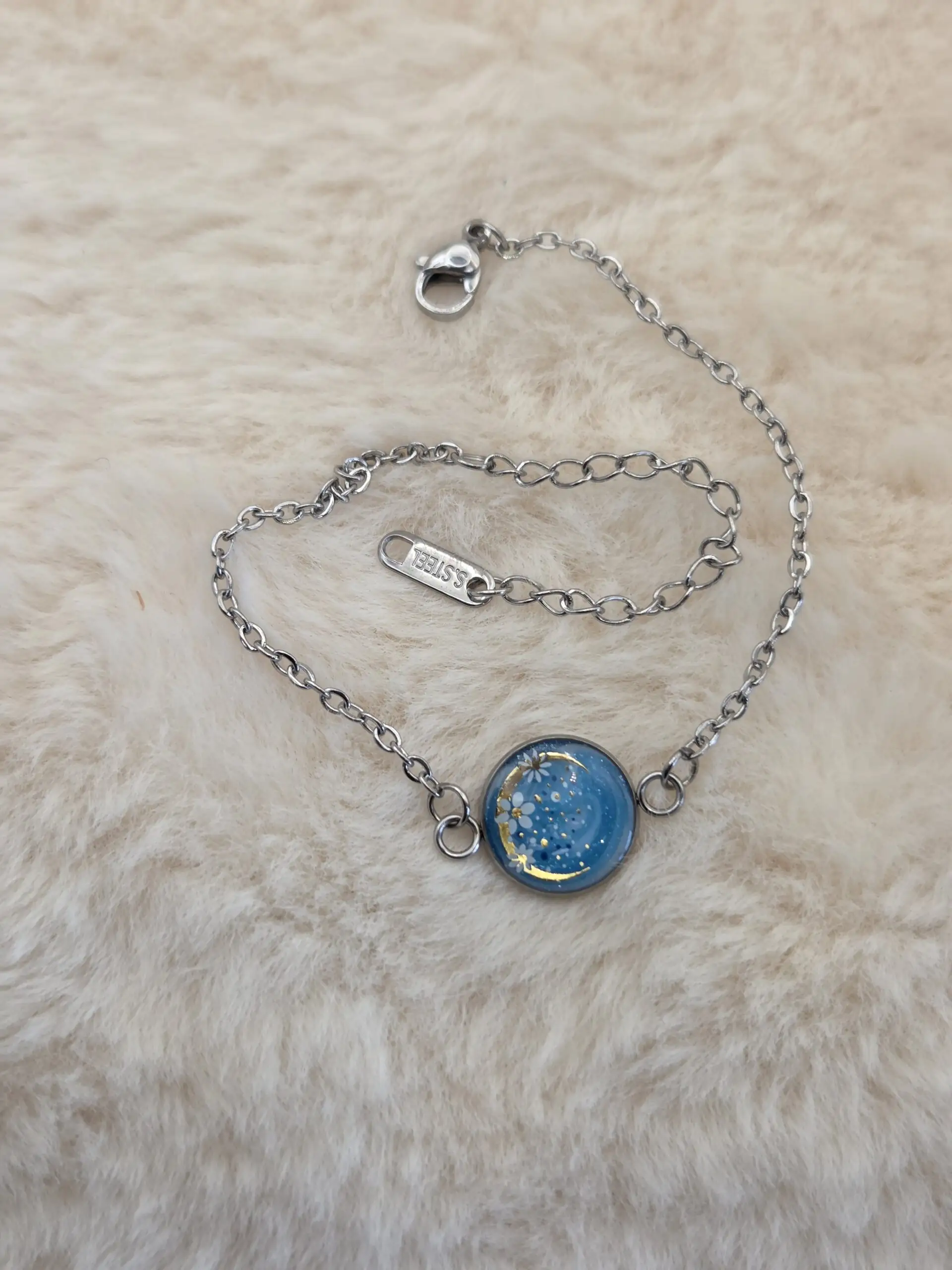✨ Bracelet Cabochon Rond – Lune Dorée & Bleu Céleste ✨ – Image 2