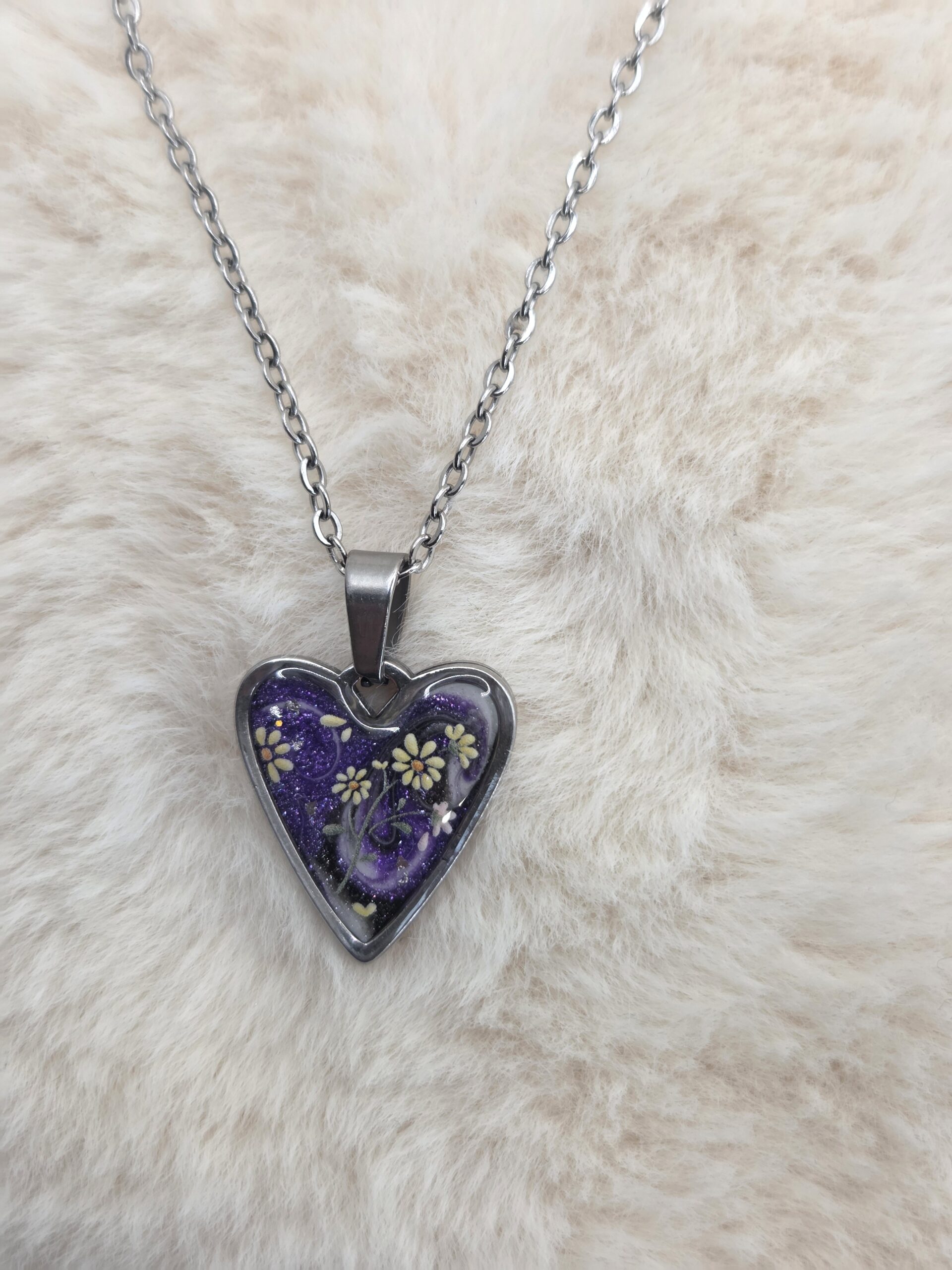 💜 Pendentif cœur marbré & fleurs – Acier inoxydable – Image 3