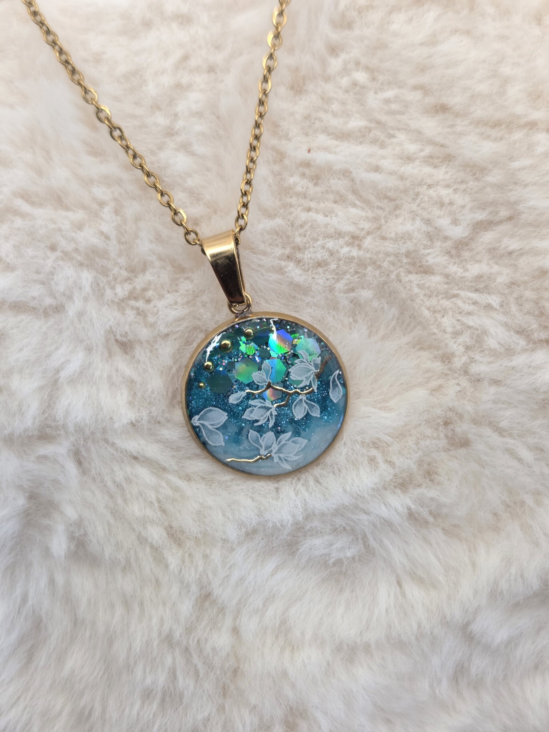 🌸 Pendentif cabochon rond 20 mm – Magnolias & éclats scintillants ✨