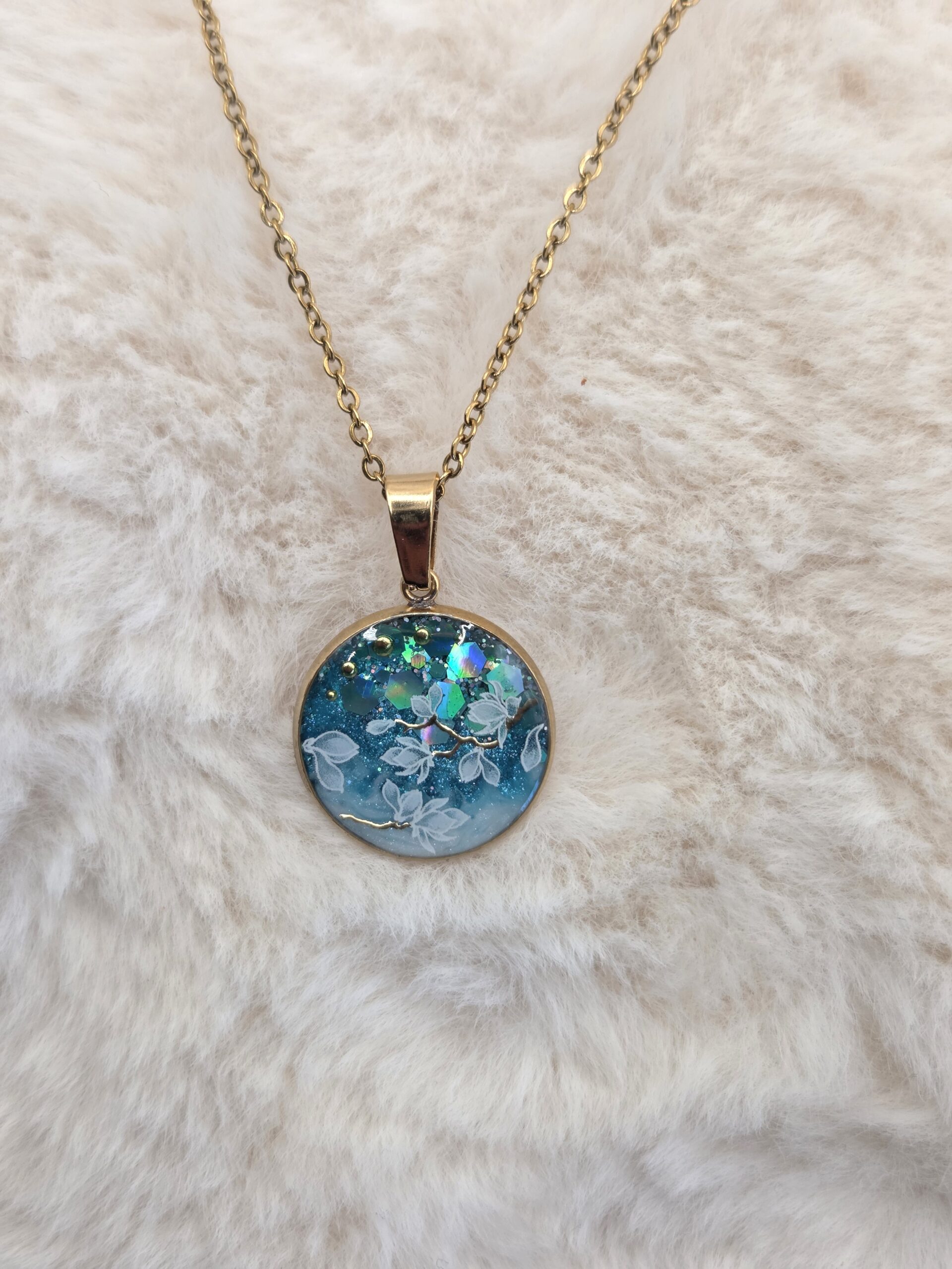 🌸 Pendentif cabochon rond 20 mm – Magnolias & éclats scintillants ✨ – Image 3