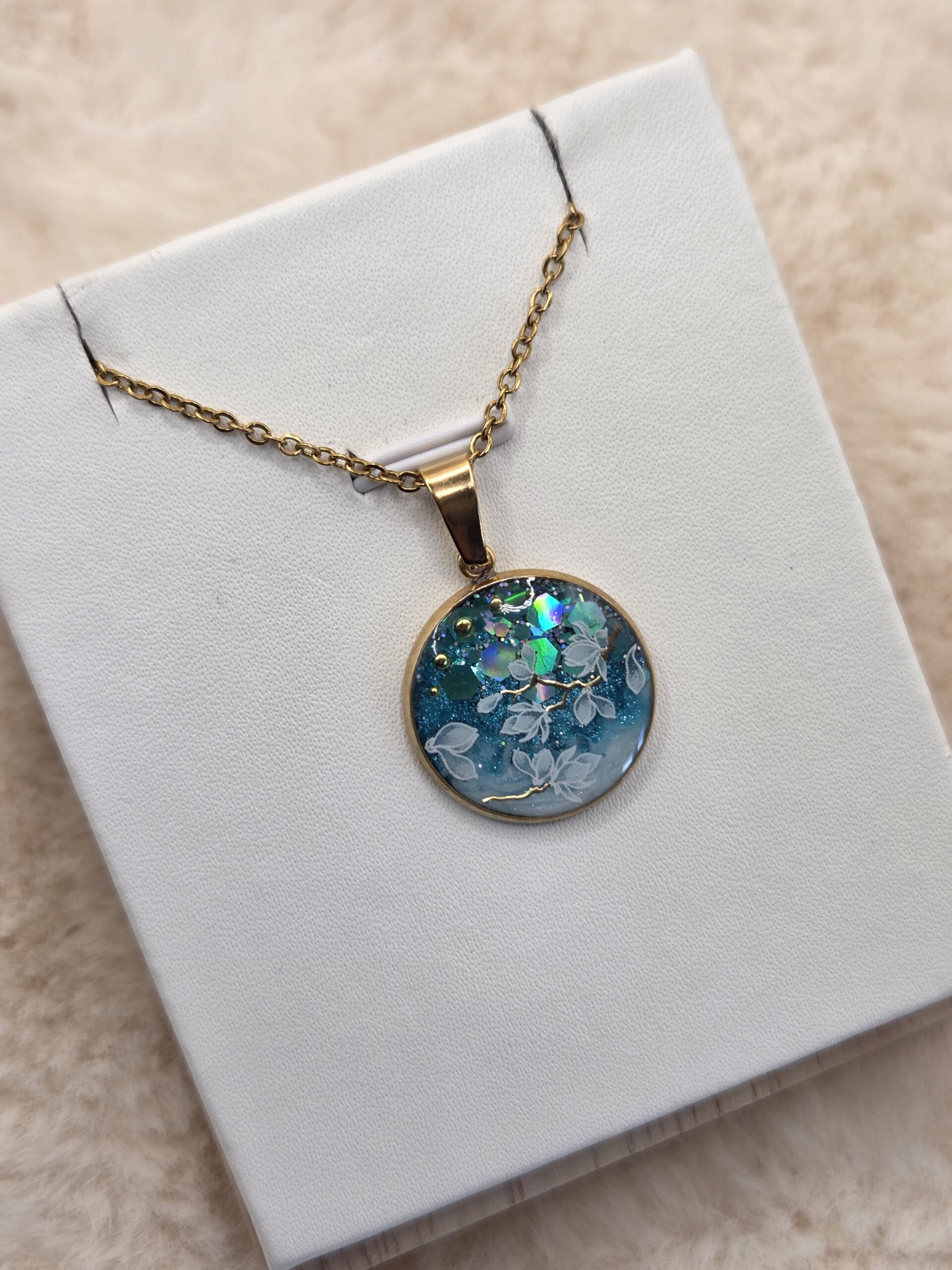 🌸 Pendentif cabochon rond 20 mm – Magnolias & éclats scintillants ✨ – Image 2