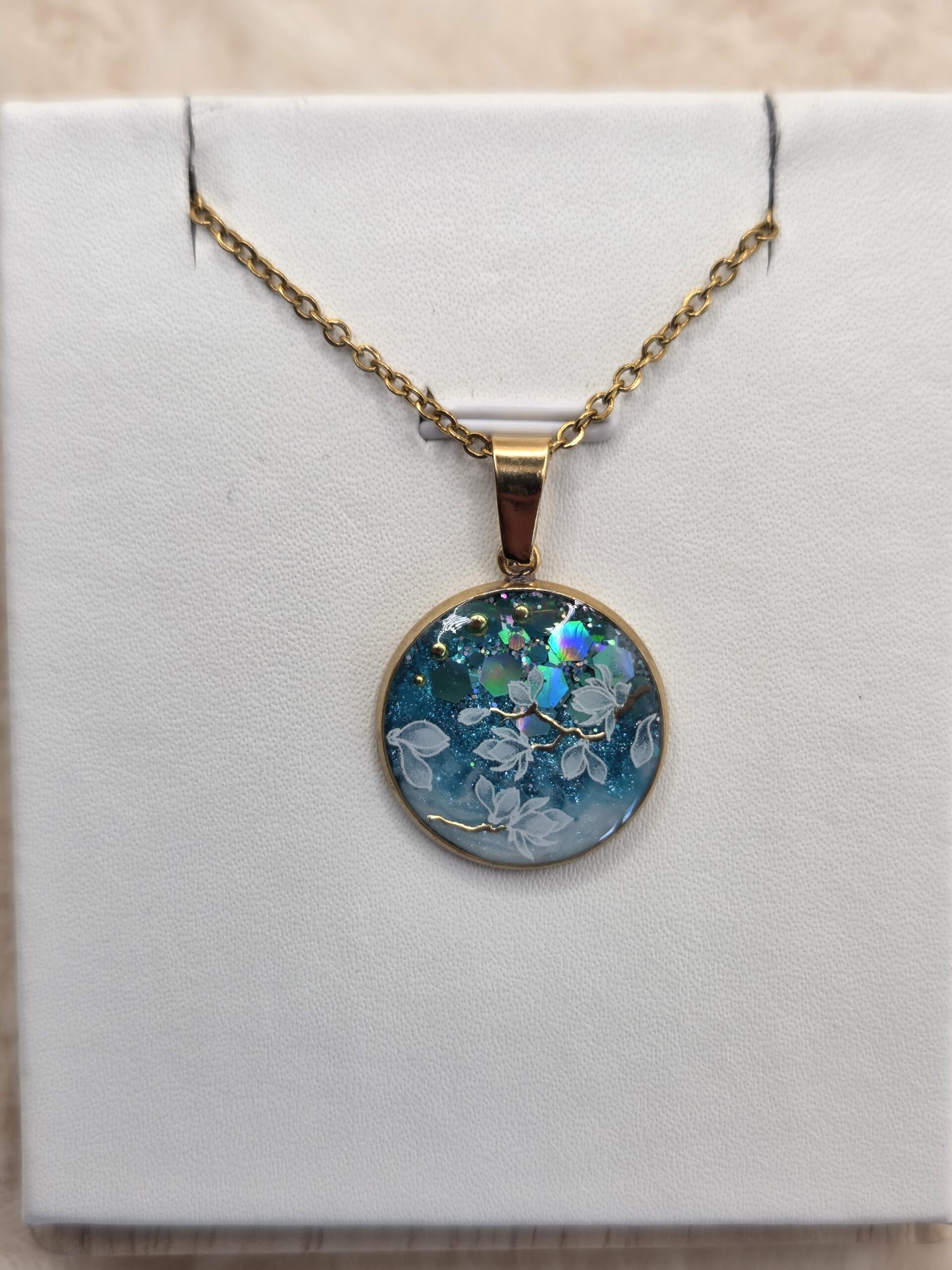 🌸 Pendentif cabochon rond 20 mm – Magnolias & éclats scintillants ✨ – Image 4